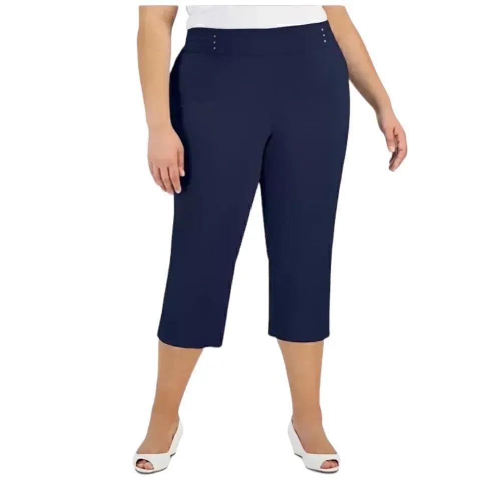 JM Collection Plus Size Tummy Control Pull-On Rivet Capri Pants Intrepid Blue 0X